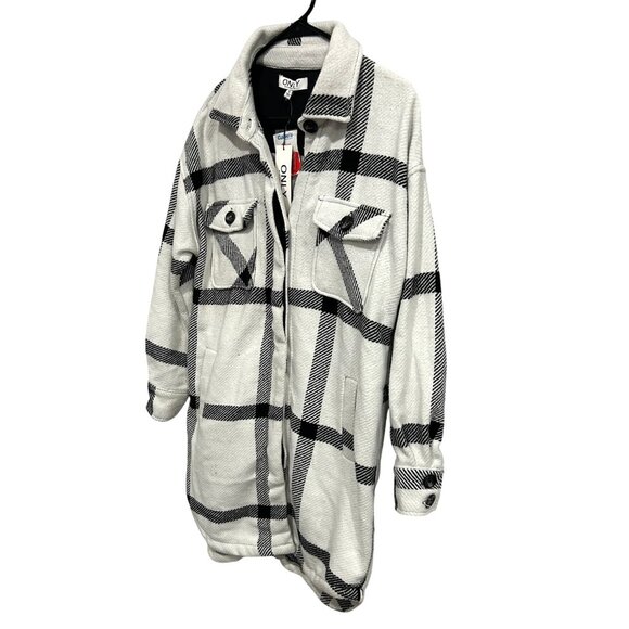 ONLY Plaid Button Up Long Shacket Coat Black White Checkered Pattern Sz Small - Picture 3 of 9